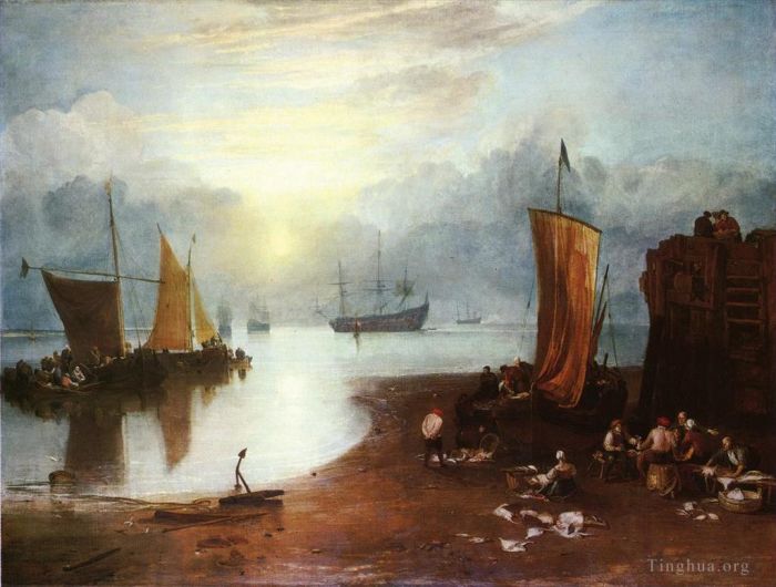 Joseph Mallord William Turner Peinture à l'huile - Soleil levant à travers les pêcheurs vagoureux nettoyant et vendant du poisson