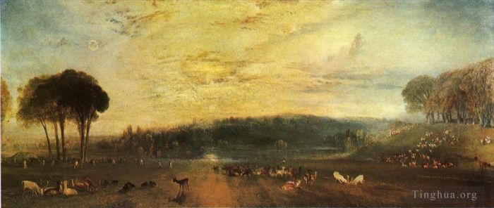 Joseph Mallord William Turner Peinture à l'huile - Le coucher du soleil sur le lac Petworth combat les mâles