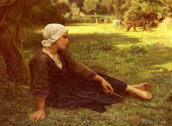 Jules Adolphe Aimé Louis Breton Peinture à l'huile - Jeune Fille Gardant Des Vaches