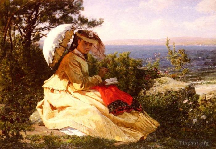 Jules Adolphe Aimé Louis Breton Peinture à l'huile - La Femme à Lombrelle