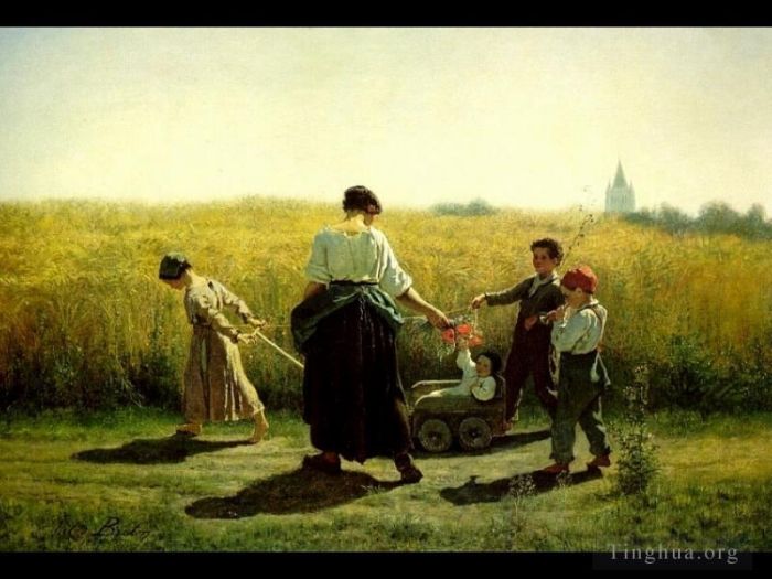Jules Adolphe Aimé Louis Breton Peinture à l'huile - Le départ pour les champs