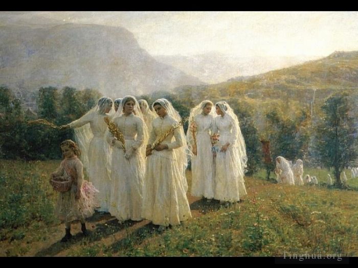 Jules Adolphe Aimé Louis Breton Peinture à l'huile - Jeunes femmes se rendant à une procession