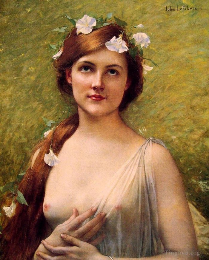 Jules Joseph Lefebvre Peinture à l'huile - Jeune femme avec des gloires du matin dans ses cheveux nue