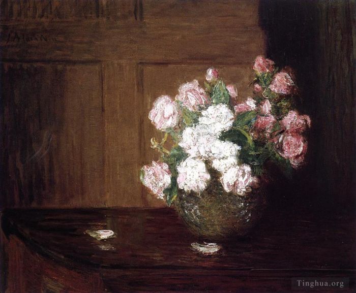 Julian Alden Weir Peinture à l'huile - Roses dans un bol en argent sur une table en acajou nature morte de fleurs