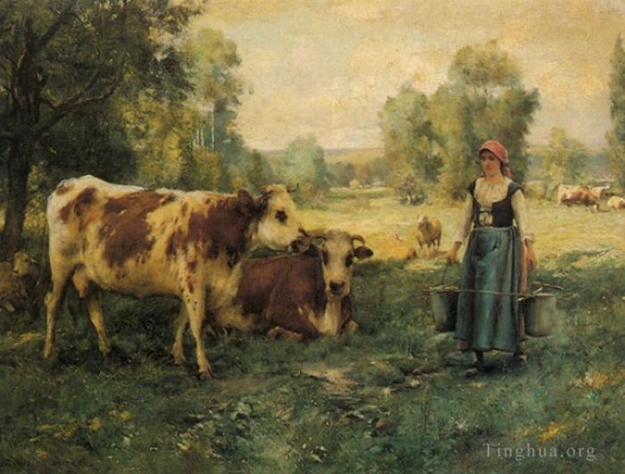 Julien Dupré Peinture à l'huile - Une laitière avec des vaches et des moutons
