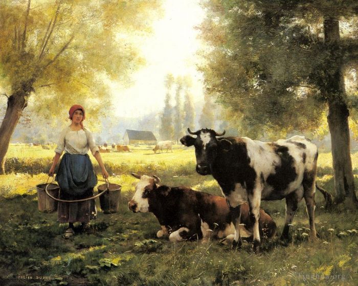 Julien Dupré Peinture à l'huile - Une laitière avec ses vaches un jour d'été