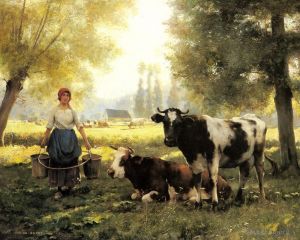 Julien Dupré œuvres - Une laitière avec ses vaches un jour d'été