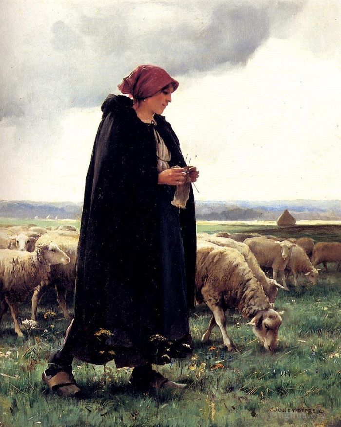 Julien Dupré Peinture à l'huile - Une bergère avec son troupeau