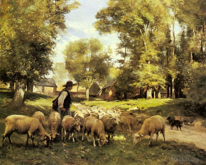 Julien Dupré Peinture à l'huile - Un berger et son troupeau