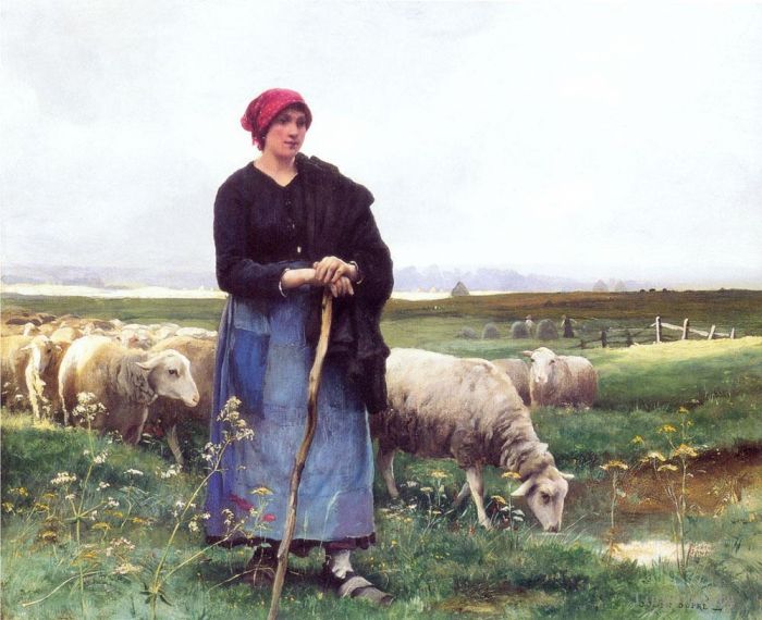 Julien Dupré Peinture à l'huile - Une bergère avec son troupeau