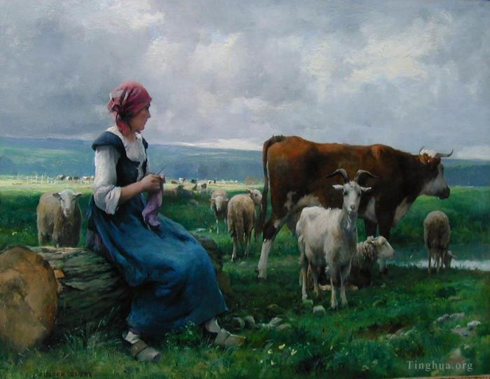 Julien Dupré Peinture à l'huile - Dhepardes avec chèvre, mouton et vache