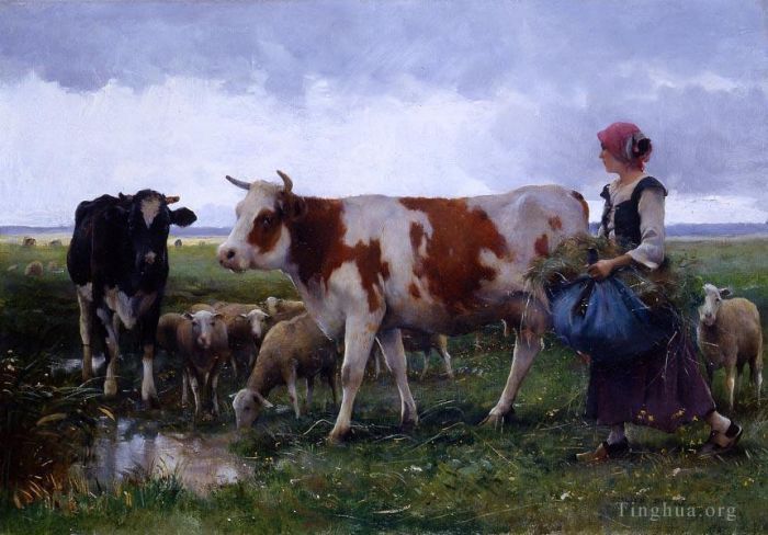Julien Dupré Peinture à l'huile - Paysanne avec des vaches et des moutons