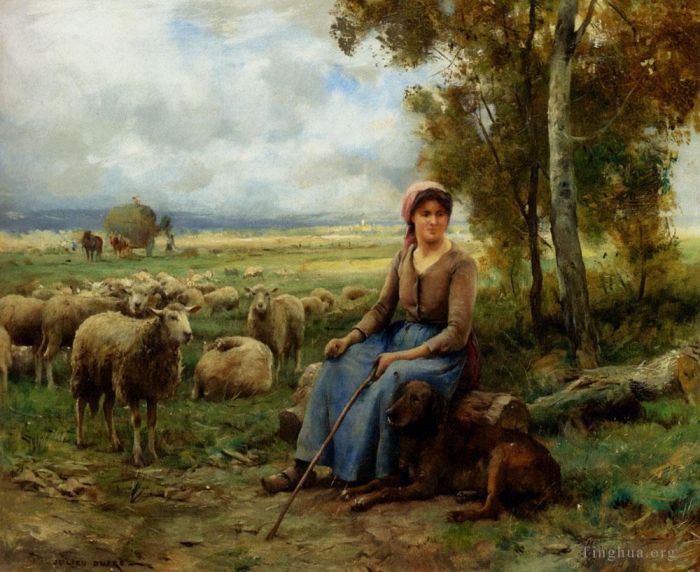 Julien Dupré Peinture à l'huile - Bergère veillant sur son troupeau