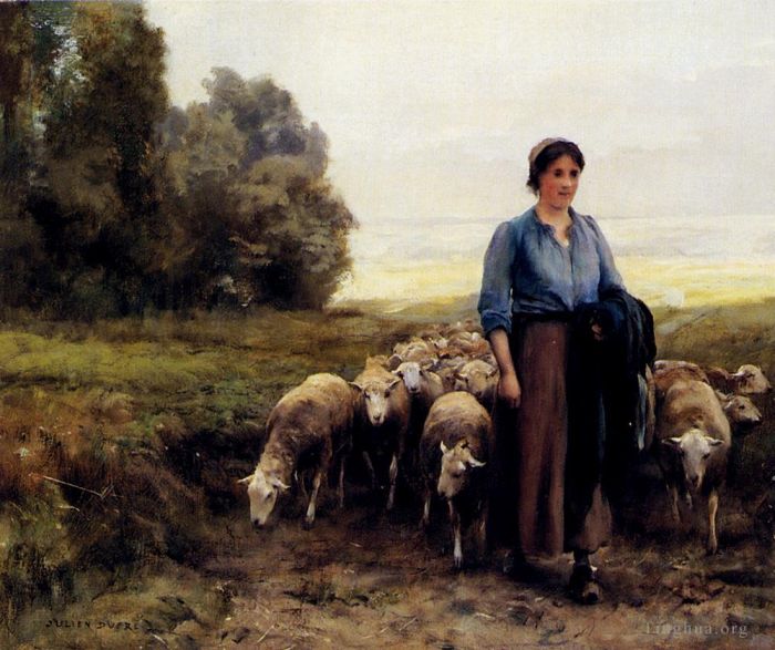 Julien Dupré Peinture à l'huile - Bergère avec son troupeau