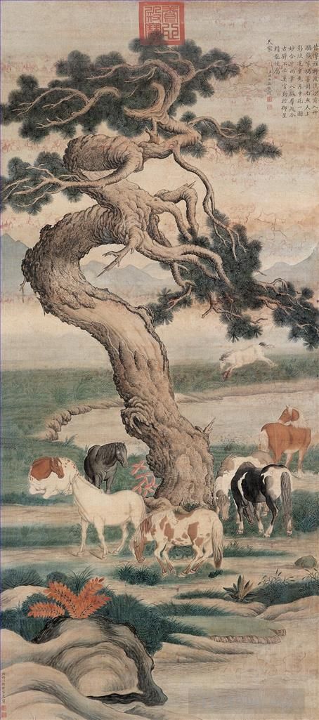 Giuseppe Castiglione Art Chinois - Huit chevaux sous un arbre