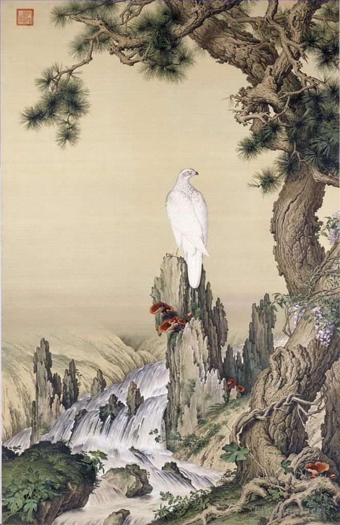 Giuseppe Castiglione Art Chinois - Oiseau blanc près de la cascade
