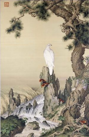 Giuseppe Castiglione œuvres - Oiseau blanc près de la cascade