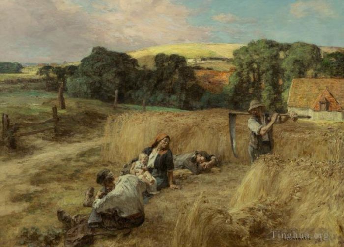 Léon Augustin L'hermitte Peinture à l'huile - Un repos après la récolte