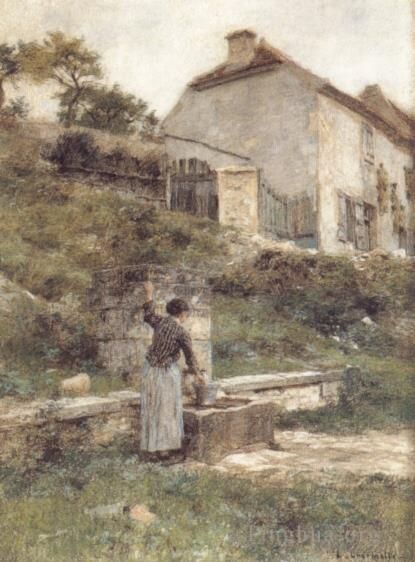 Léon Augustin L'hermitte Peinture à l'huile - Une femme remplissant son seau près d'un puits