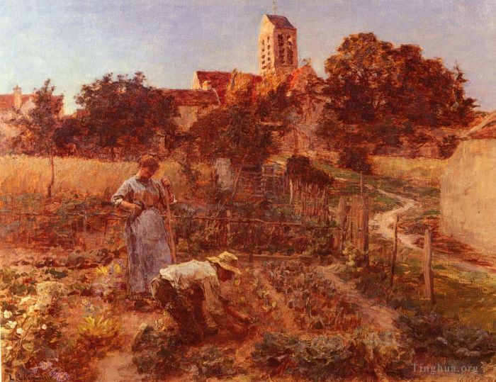 Léon Augustin L'hermitte Peinture à l'huile - Au Jardin Charteves Près De MontSaintPère