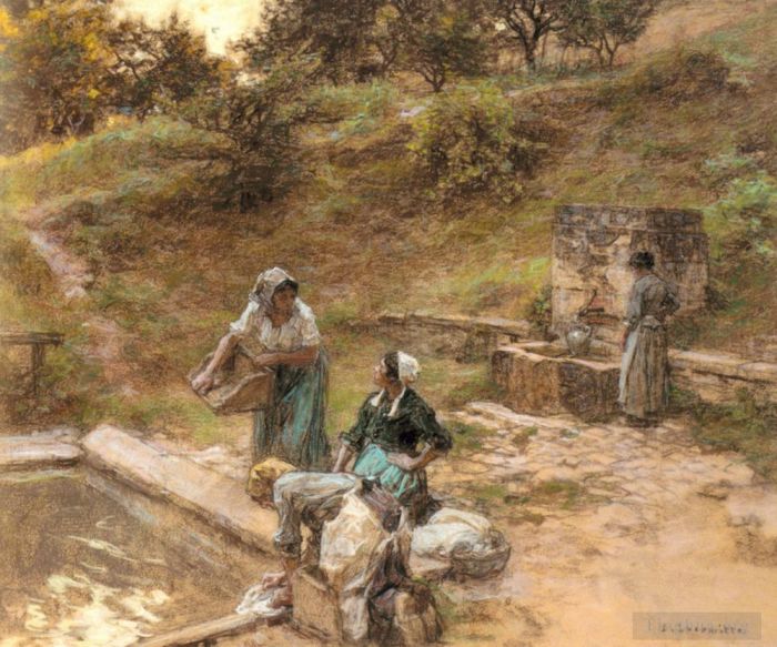 Léon Augustin L'hermitte Peinture à l'huile - Au Lavoir