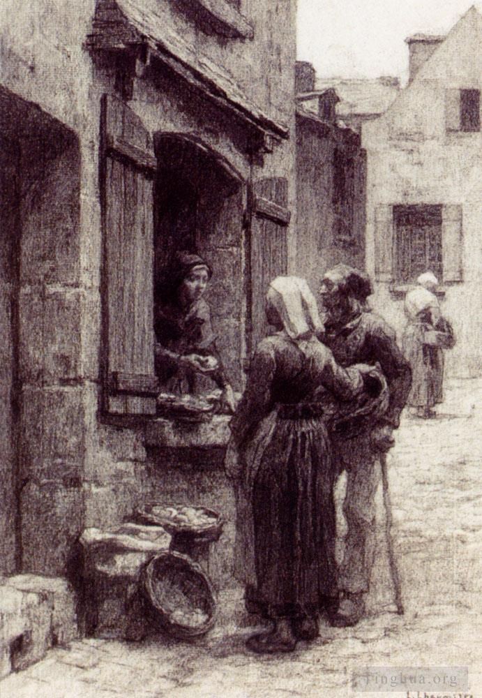 Léon Augustin L'hermitte Peinture à l'huile - Paysans bretons achetant des fruits à Landerneau