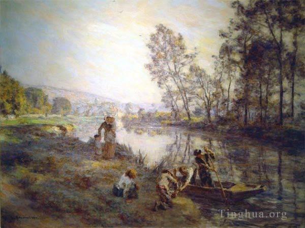Léon Augustin L'hermitte Peinture à l'huile - Personnages près d'un ruisseau de campagne vers 1920