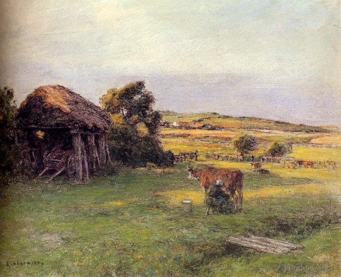 Léon Augustin L'hermitte Peinture à l'huile - Paysage avec une paysanne traire une vache