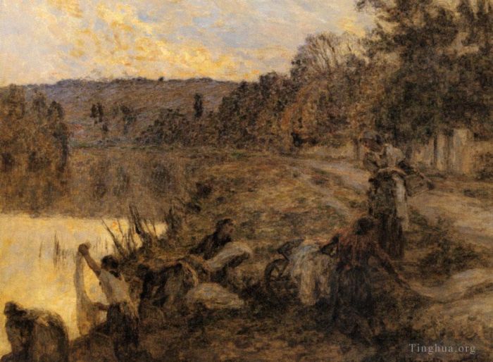 Léon Augustin L'hermitte Peinture à l'huile - Laveuses Au Soir