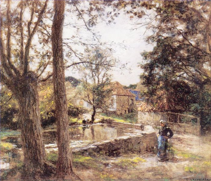 Léon Augustin L'hermitte Peinture à l'huile - Le Lavoir près de la Ferm d'Erlan