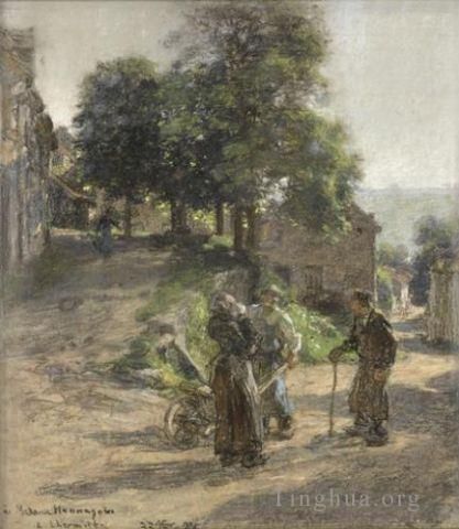 Léon Augustin L'hermitte Peinture à l'huile - Paysans discutant a Mont Saint Père