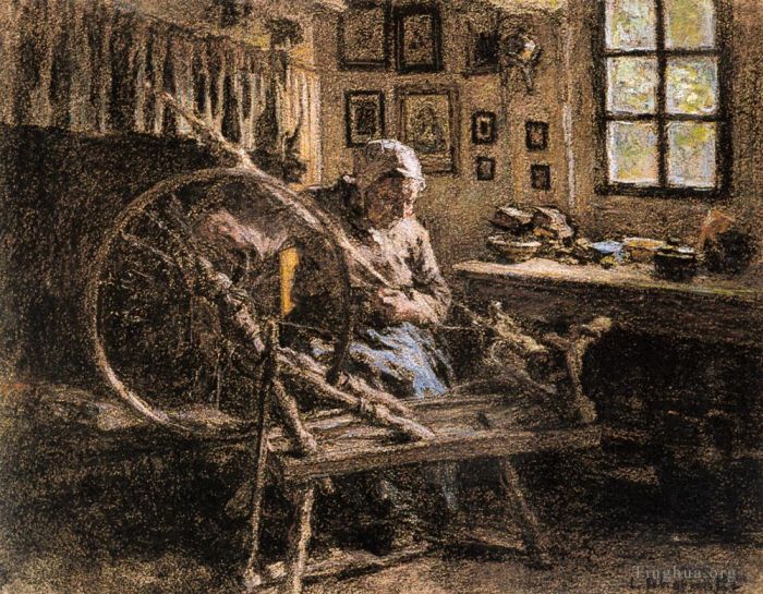 Léon Augustin L'hermitte Peinture à l'huile - Le rouet