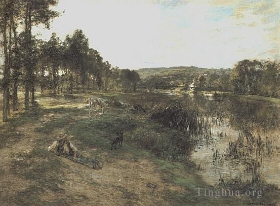 Léon Augustin L'hermitte Peinture à l'huile - Troupeau au bord de l'eau 1904