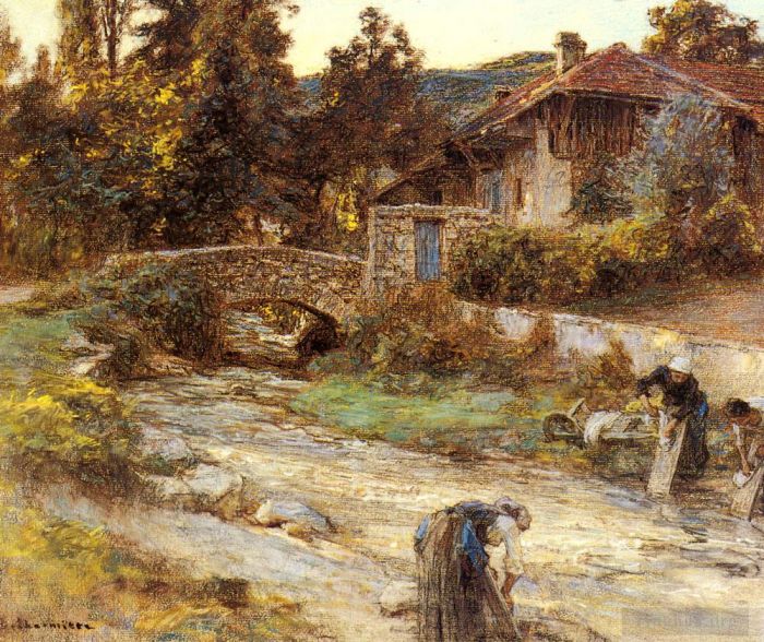 Léon Augustin L'hermitte Peinture à l'huile - Lavandières à un ruisseau avec des bâtiments au-delà