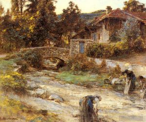 Léon Augustin L'hermitte œuvres - Lavandières à un ruisseau avec des bâtiments au-delà