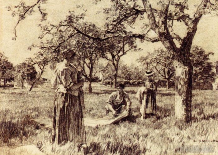 Léon Augustin L'hermitte Peinture à l'huile - Lavandières faisant sécher le linge