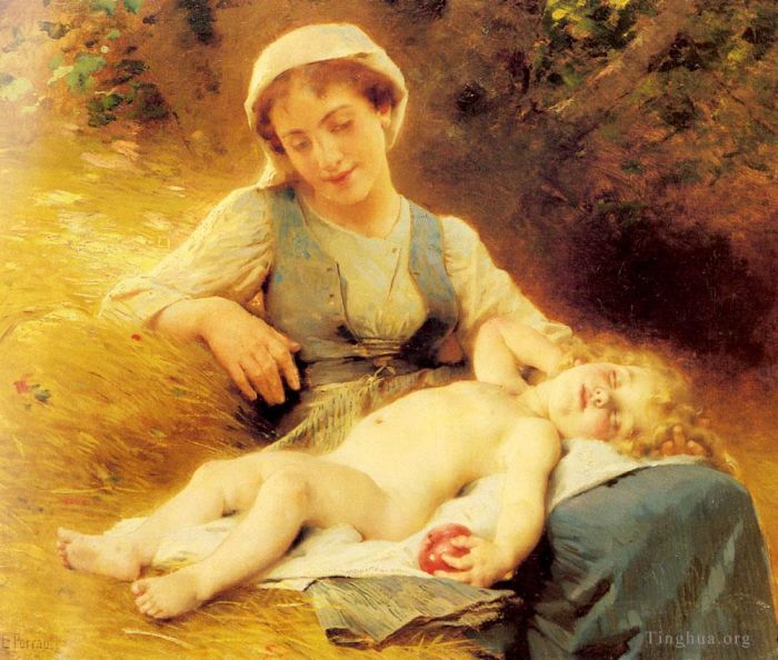 Léon-Jean-Bazille Perrault Peinture à l'huile - Une mère avec son enfant endormi