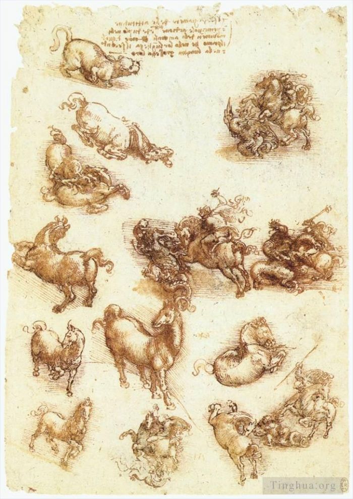Léonard de Vinci Types de peintures - Feuille d'étude avec des chevaux et des dragons