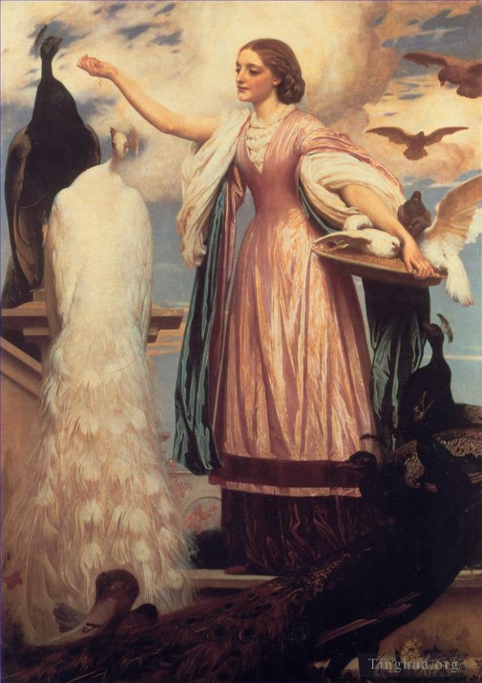 Frederic Leighton Peinture à l'huile - Une fille nourrissant des paons