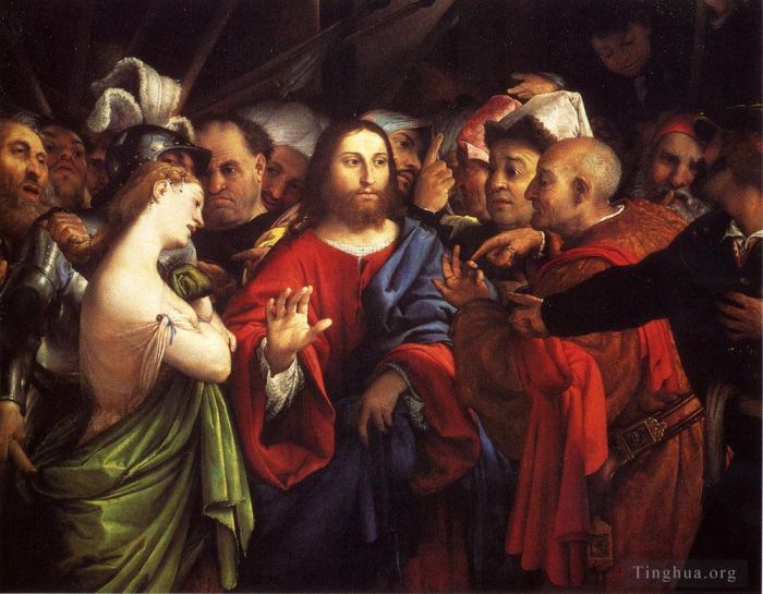 Lorenzo Lotto Peinture à l'huile - Le Christ et la femme adultère