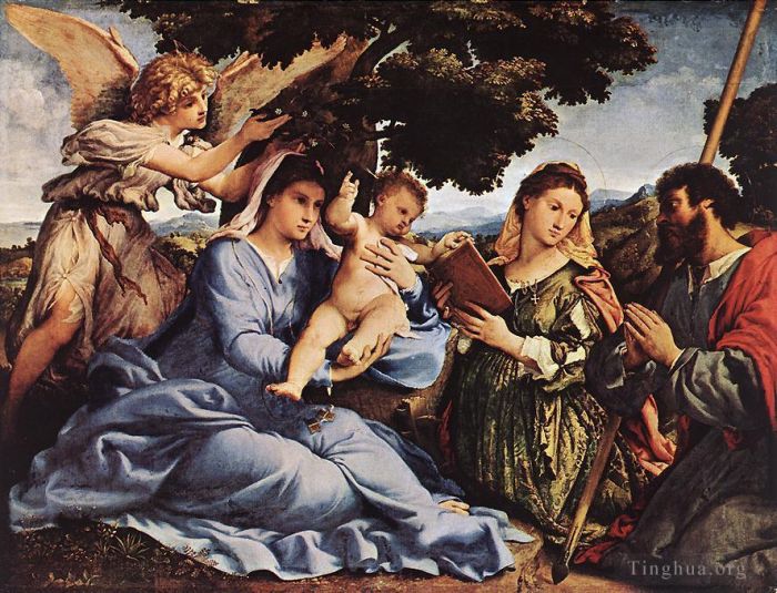 Lorenzo Lotto Peinture à l'huile - Vierge à l'Enfant avec des saints et un ange 1527