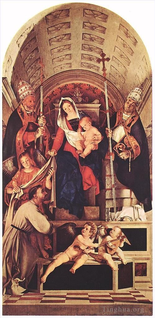 Lorenzo Lotto Peinture à l'huile - Vierge à l'Enfant avec les saints Dominique Grégoire et Urban