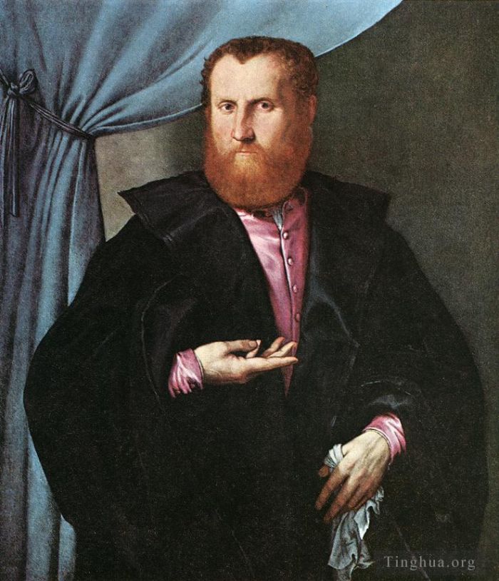 Lorenzo Lotto Peinture à l'huile - Portrait d'un homme au manteau de soie noire 1535
