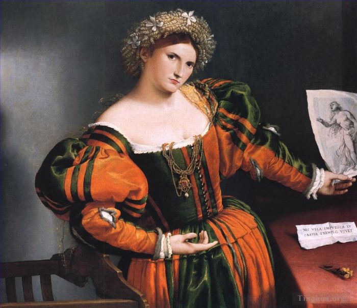 Lorenzo Lotto Peinture à l'huile - Portrait de dame avec une photo du suicide de Lucrèce