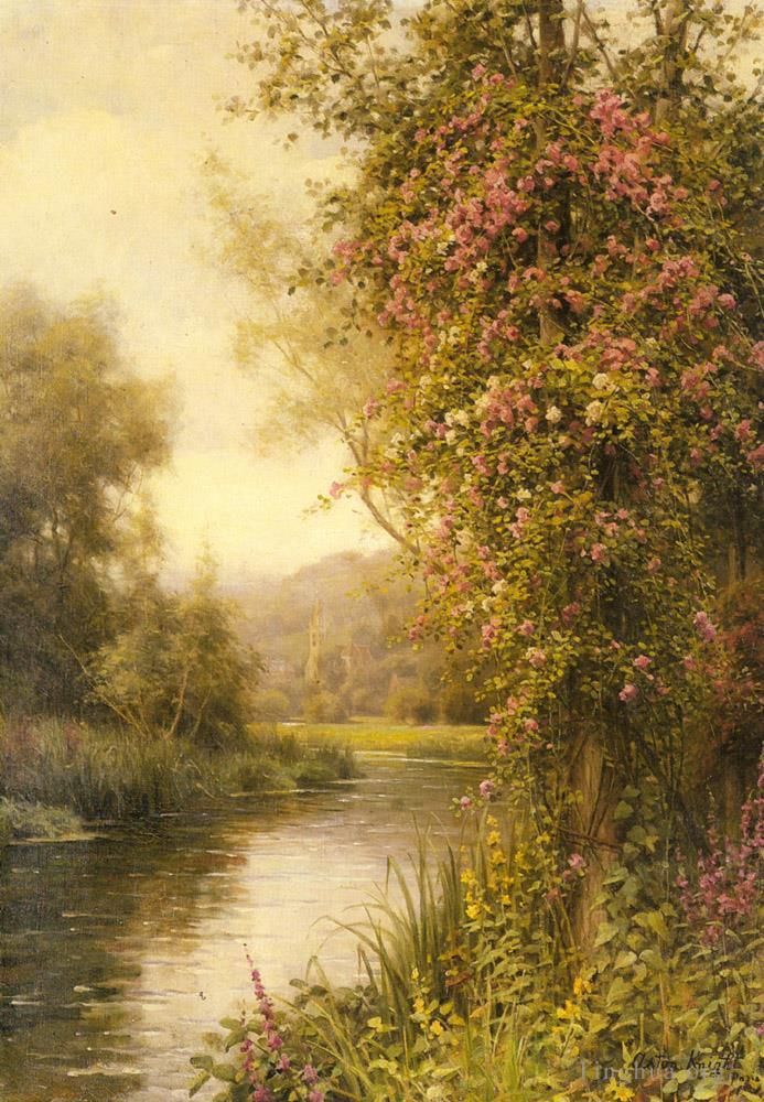 Louis Aston Knight Peinture à l'huile - Une vigne en fleurs le long d'un ruisseau sinueux