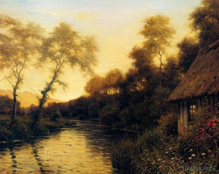 Louis Aston Knight Peinture à l'huile - Un paysage de rivière des Français au coucher du soleil