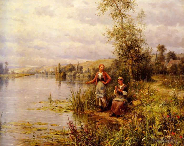 Louis Aston Knight Peinture à l'huile - Femmes de la campagne après la pêche un après-midi d'été