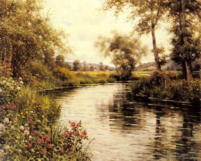 Louis Aston Knight Peinture à l'huile - Fleurs en fleurs au bord d'une rivière