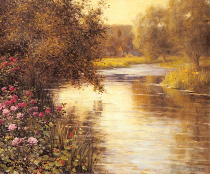 Louis Aston Knight Peinture à l'huile - Fleurs de printemps le long d’une rivière sinueuse