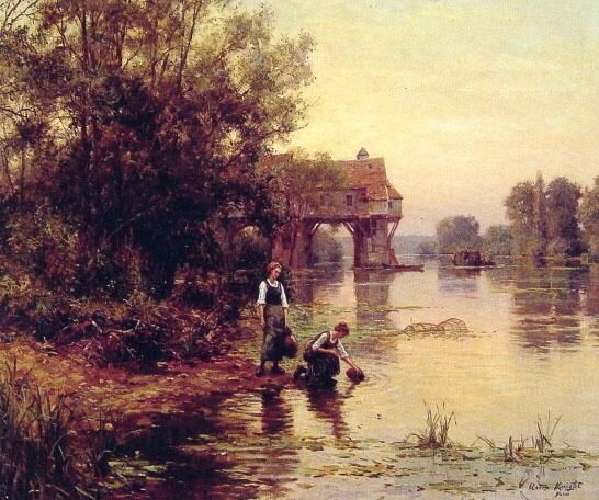 Louis Aston Knight Peinture à l'huile - Deux filles au bord d'un ruisseau